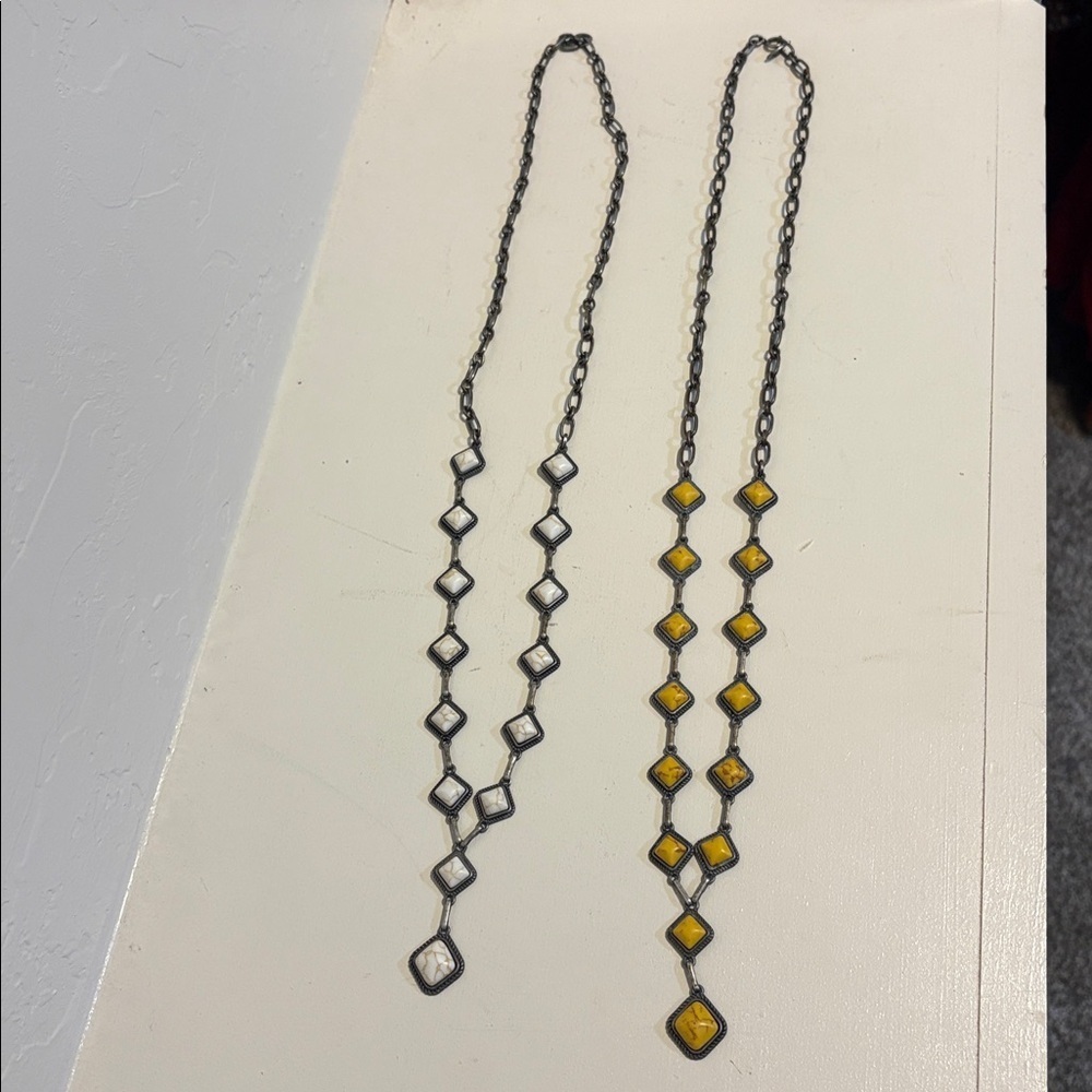 Geometric Chain Necklaces in White and Yellow